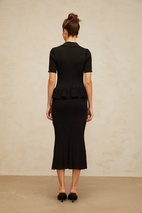 Santa Midi Dress Black Crystal Embellished Peplum Hem