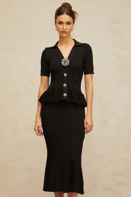 Santa Midi Dress Black Crystal Embellished Peplum Hem