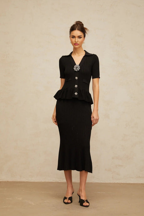 Santa Midi Dress Black Crystal Embellished Peplum Hem