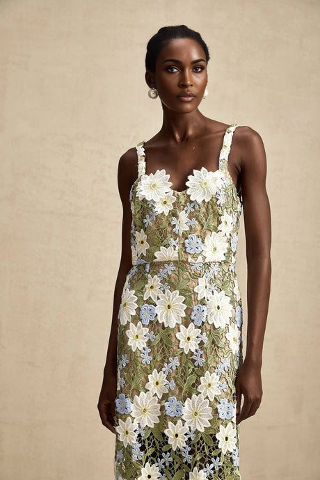 Santa Midi Dress Green Floral Embroidered Hollow - Carved
