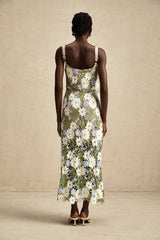 Santa Midi Dress Green Floral Embroidered Hollow - Carved