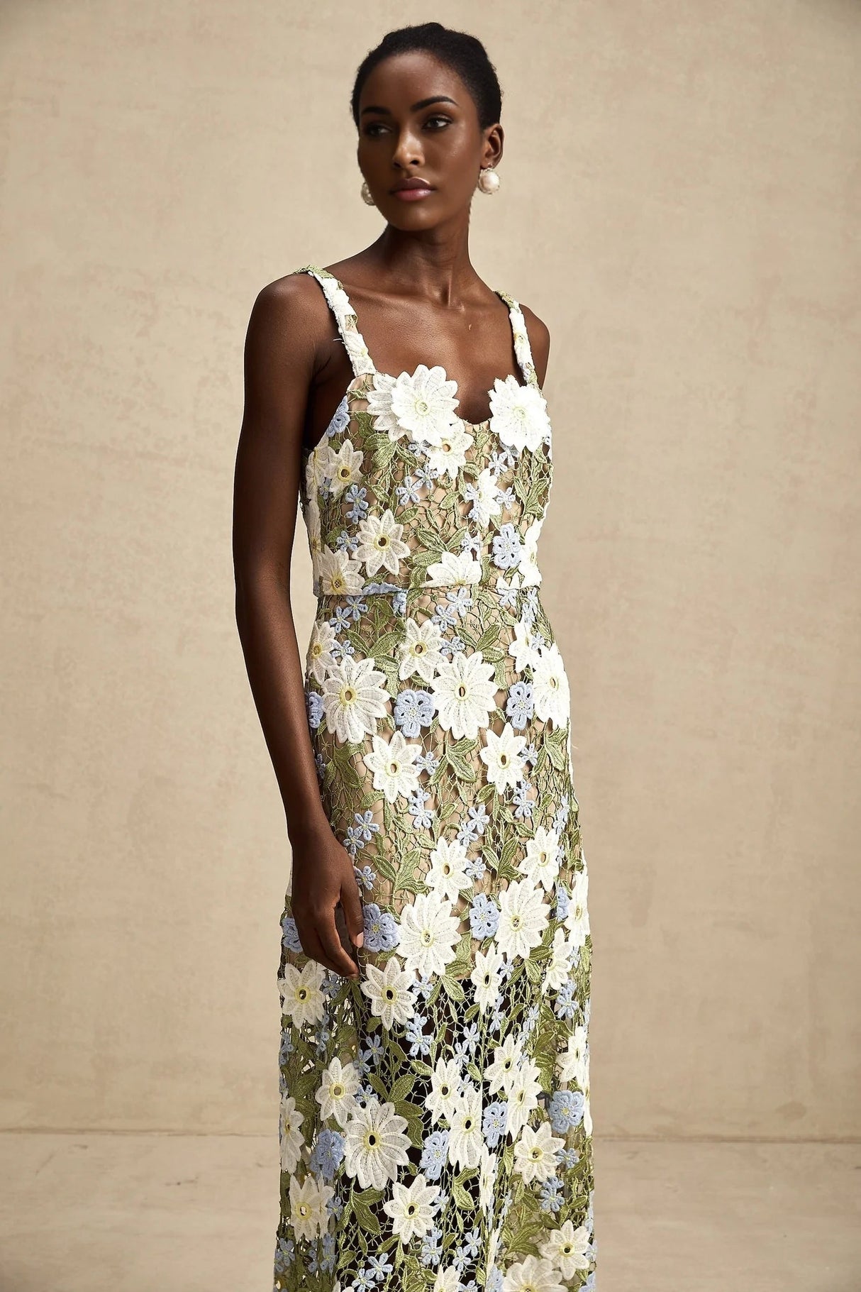 Santa Midi Dress Green Floral Embroidered Hollow - Carved