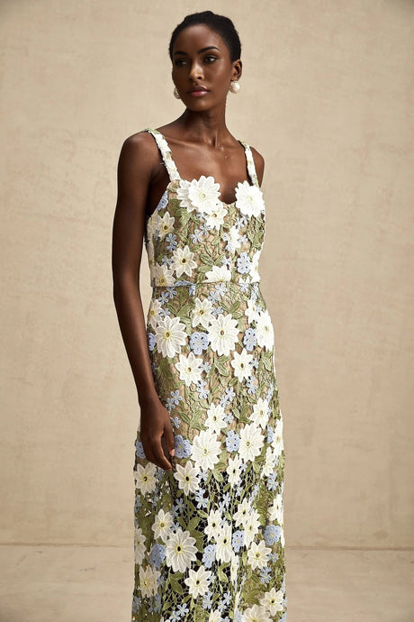 Santa Midi Dress Green Floral Embroidered Hollow - Carved