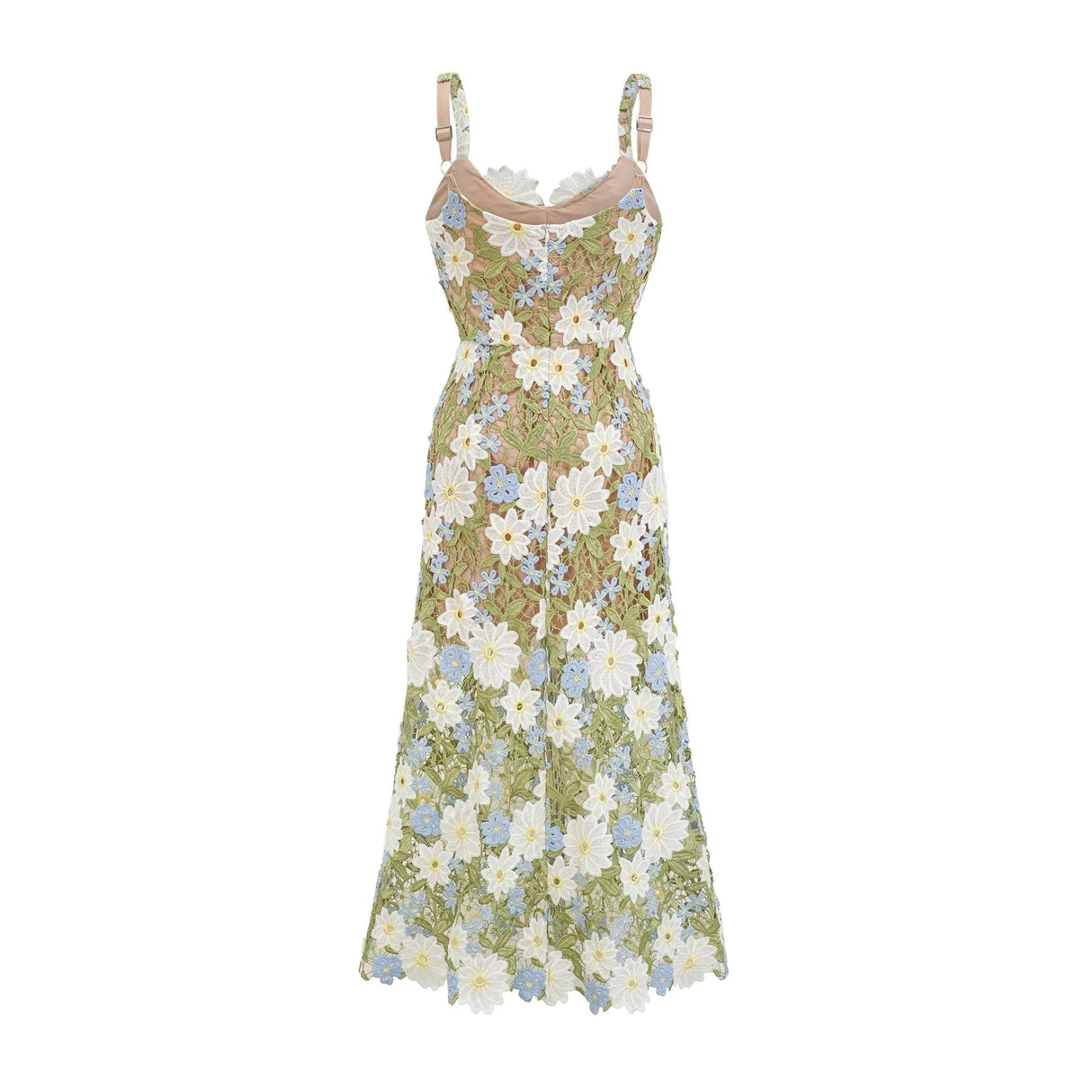 Santa Midi Dress Green Floral Embroidered Hollow - Carved