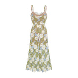 Santa Midi Dress Green Floral Embroidered Hollow - Carved