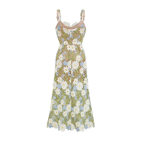 Santa Midi Dress Green Floral Embroidered Hollow - Carved