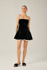 Santa Mini Dress Strapless Corset Layered Velvet & Pleated Black