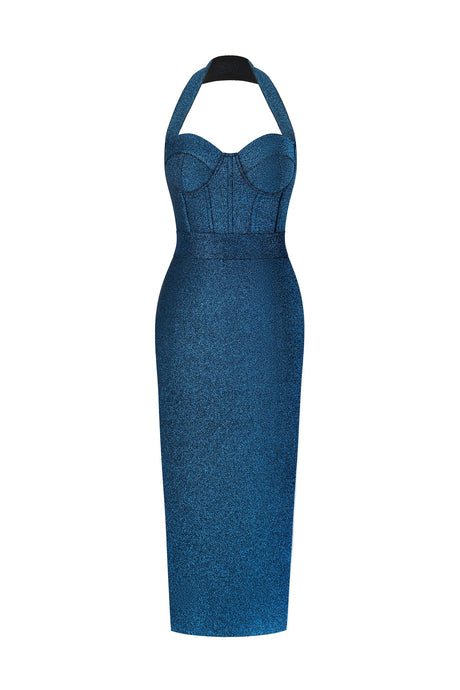 Santa Teal Bandage Halter Neckline Midi Dress with Shimmer