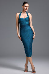 Santa teal bandage halter neckline midi dress