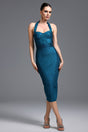 Santa teal bandage halter neckline midi dress