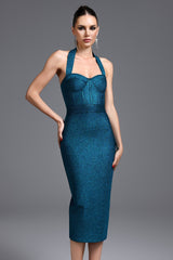 Santa Teal Bandage Halter Neckline Midi Dress