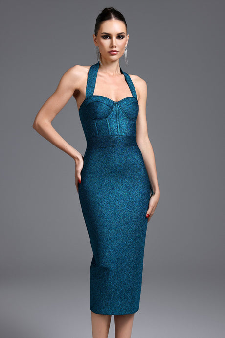 Santa Teal Bandage Halter Neckline Midi Dress