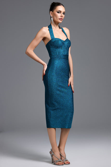 Santa Teal Bandage Halter Neckline Midi Dress