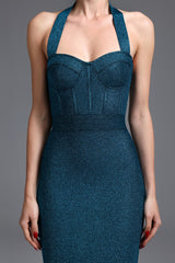 Santa Teal Bandage Halter Neckline Midi Dress