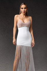 Santa White Beaded V-Neck Maxi Dress with Tassels
