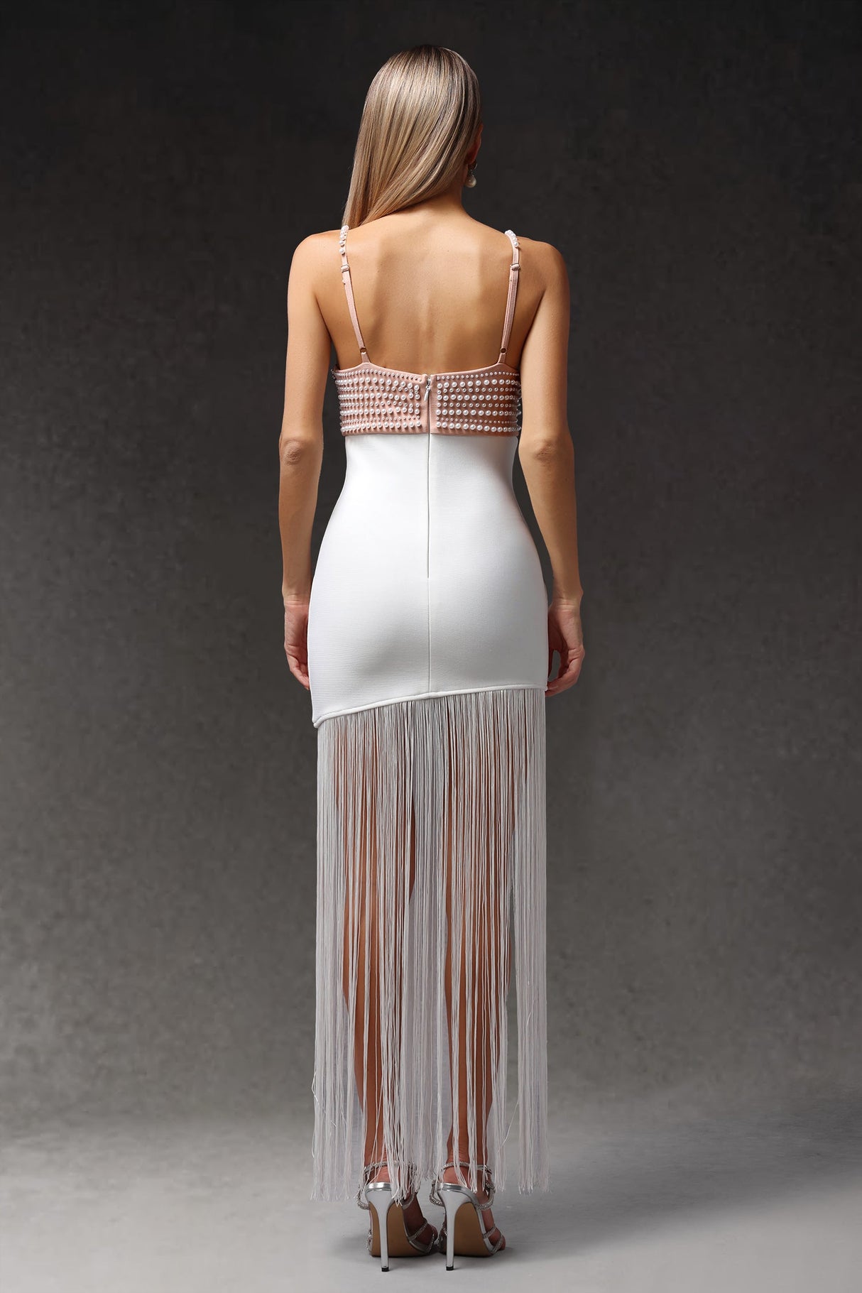 Santa White Beaded V-Neckline Maxi Dress with Tassels