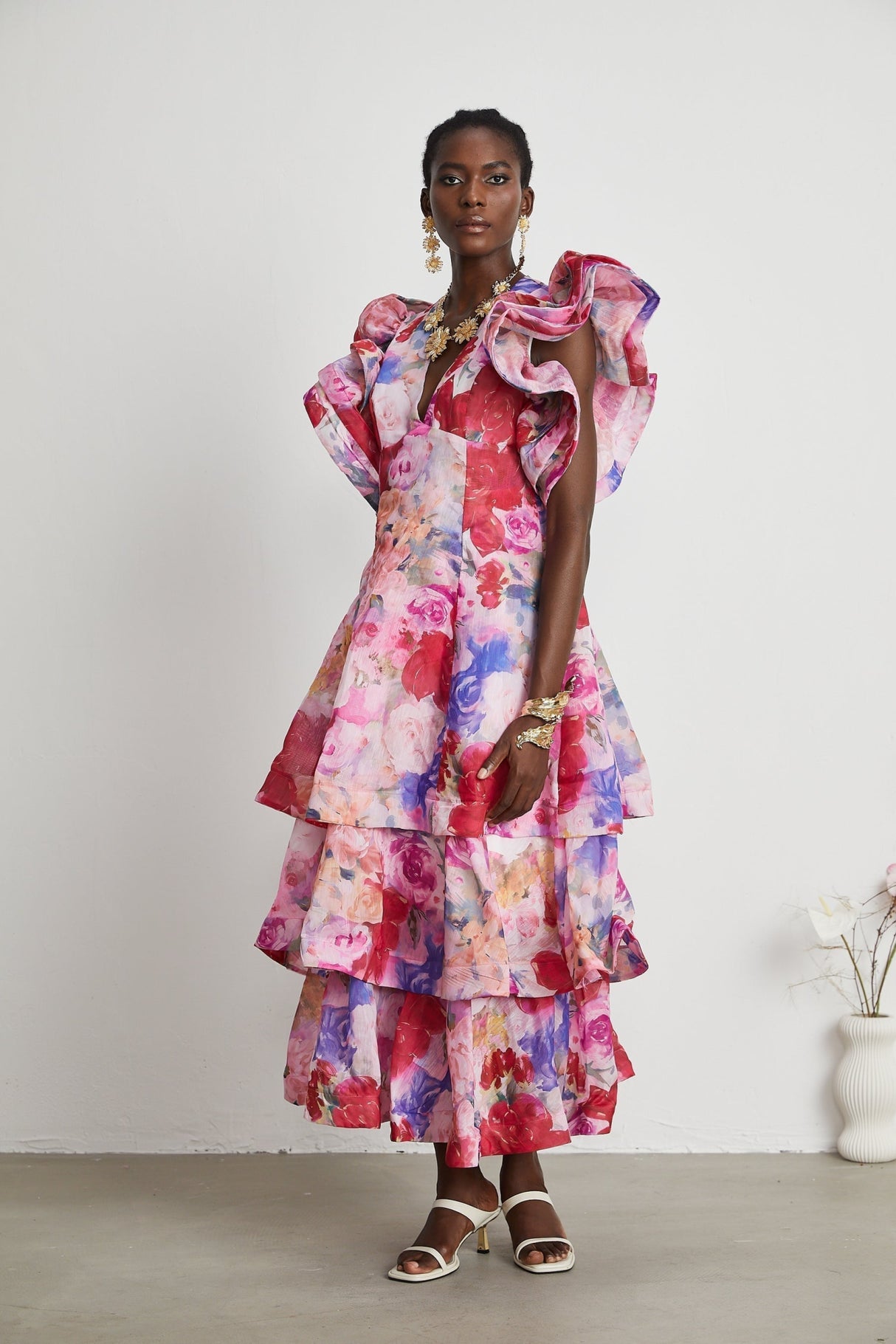 Sara Gown Pink Floral Ruffled Tiered Maxi
