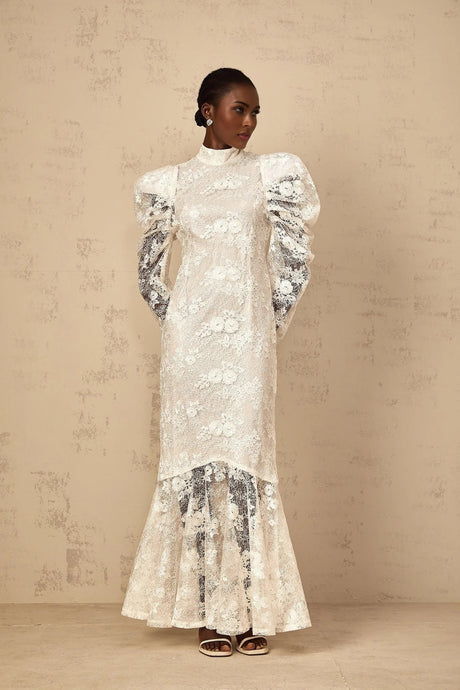 Sara Maxi Dress White Floral Lace Mermaid & Sequin Detailing
