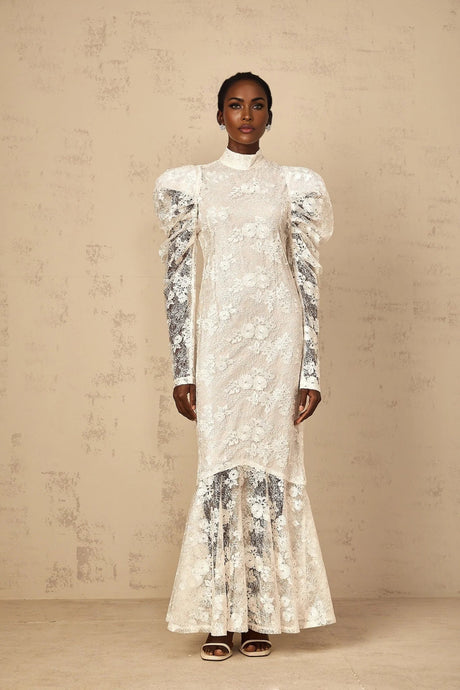 Sara Maxi Dress White Floral Lace Mermaid & Sequin Detailing