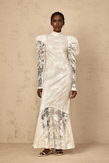Sara Maxi Dress White Floral Lace Mermaid & Sequin Detailing