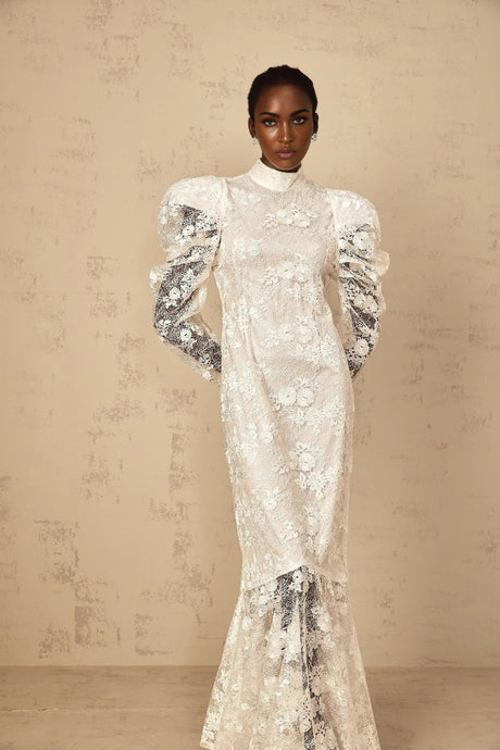 Sara Maxi Dress White Floral Lace Mermaid & Sequin Detailing