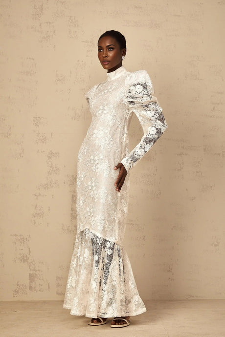 Sara Maxi Dress White Floral Lace Mermaid & Sequin Detailing