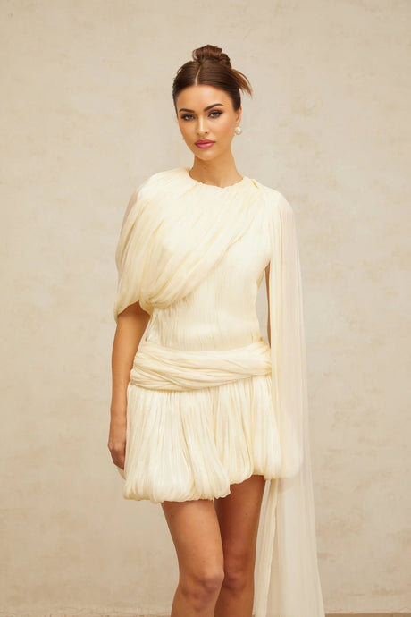 Sara Mini Dress Pleated Ribbon Detail & Glitter Bubble Hem