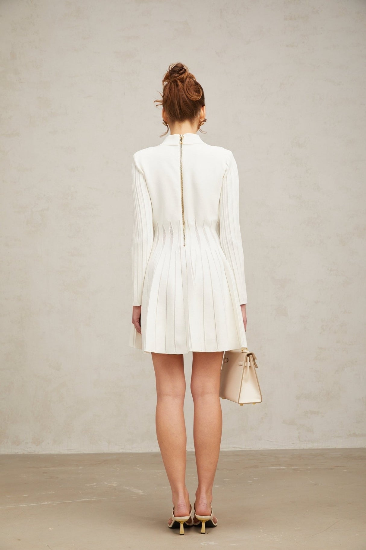 Sara Mini Dress White Knit Collared Fitted Thigh Length Zip Back
