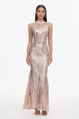 Sara Pink Sequin Maxi Dress with High Neckline and Cold-Shoulder Design for Special Occasions