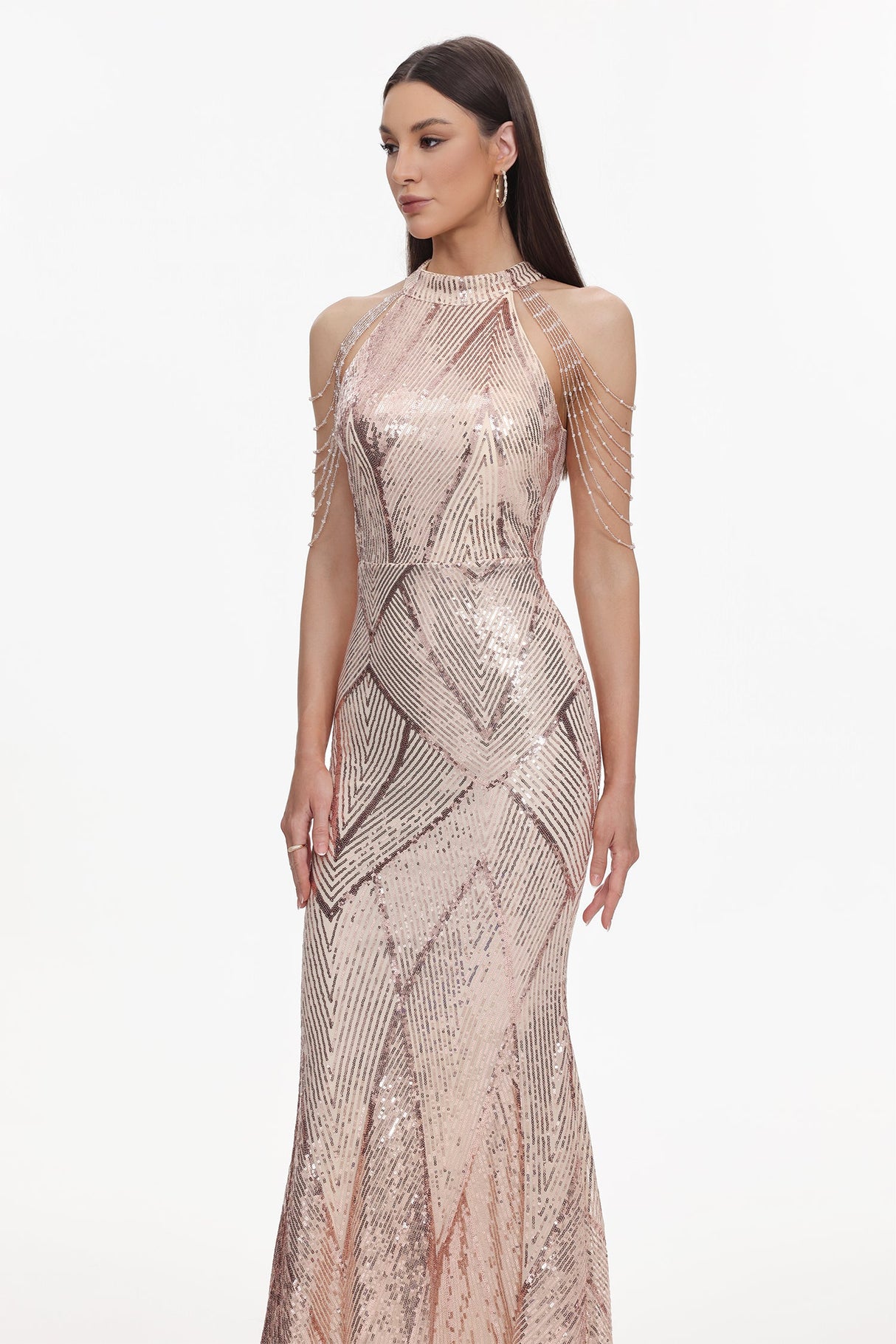 Sara Pink Sequin Maxi Dress Elegant Sophisticated High Neck Cold Shoulder Tailored Fit Flowing Skirt Wedding Gala Night Out