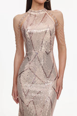 Sara Pink Sequin Maxi Dress with High Neckline and Cold-Shoulder Design