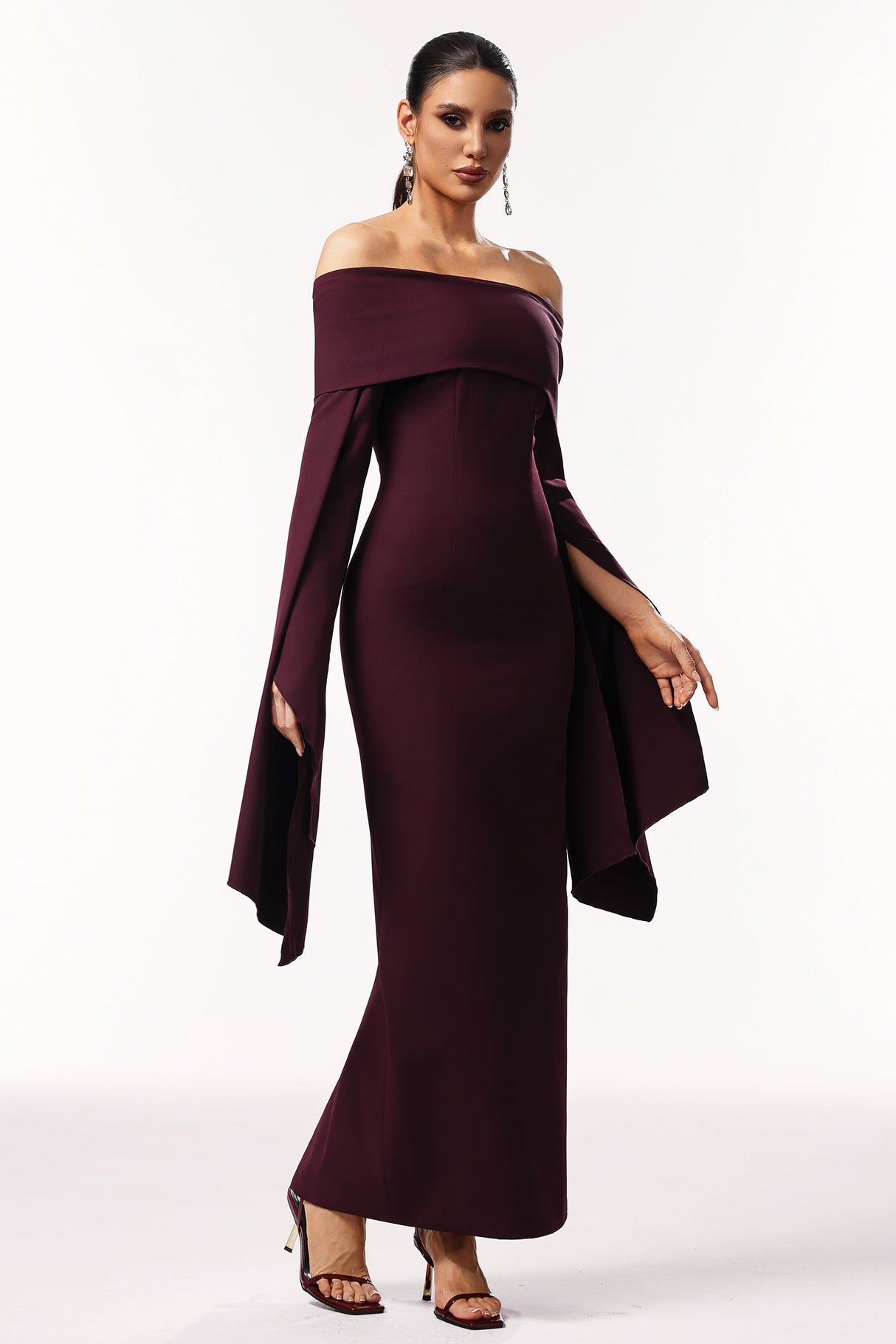 Sarah Burgundy Off-Shoulder Flare Sleeve Dress