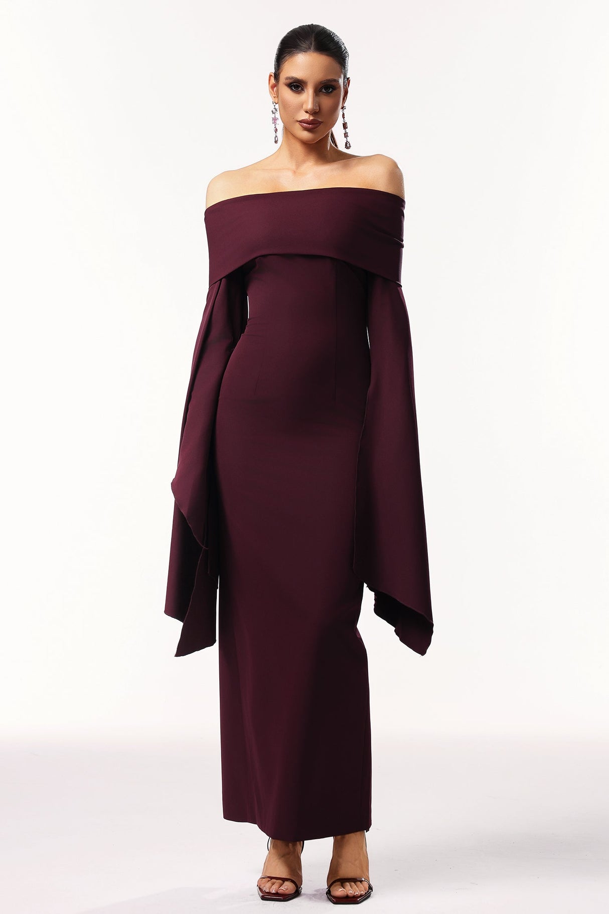 Sarah Burgundy Off-Shoulder Flare Sleeve Formal Dress