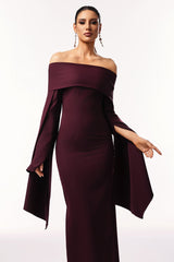 Sarah Burgundy Off-Shoulder Flare Sleeve Formal Dress