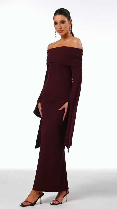 Sarah Burgundy Off-Shoulder Flare Sleeve Formal Dress