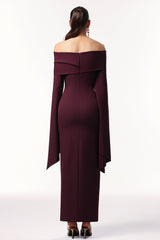 Sarah Burgundy Off-the-Shoulder Flare Sleeve Formal Dress