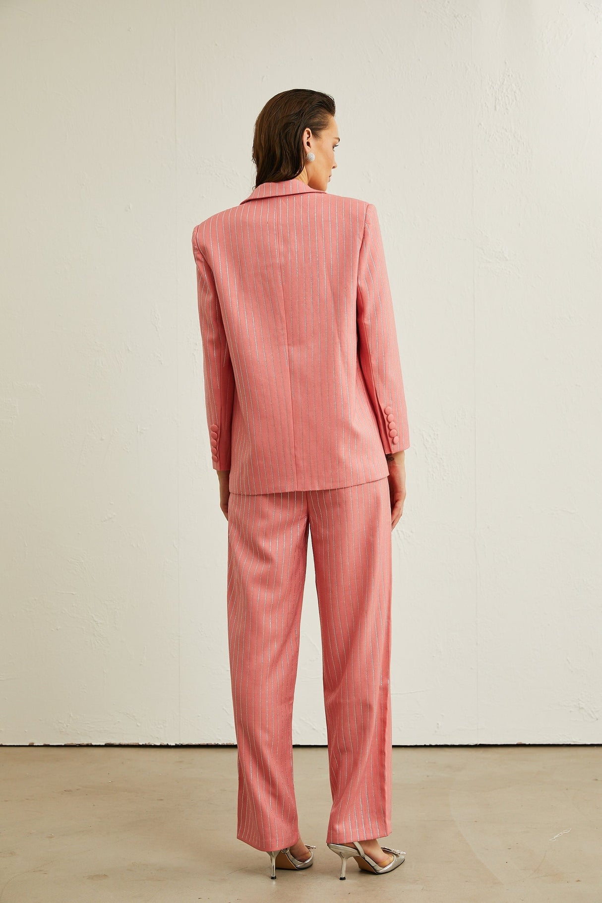 Sarah pink striped embellished jacket  trousers matching set