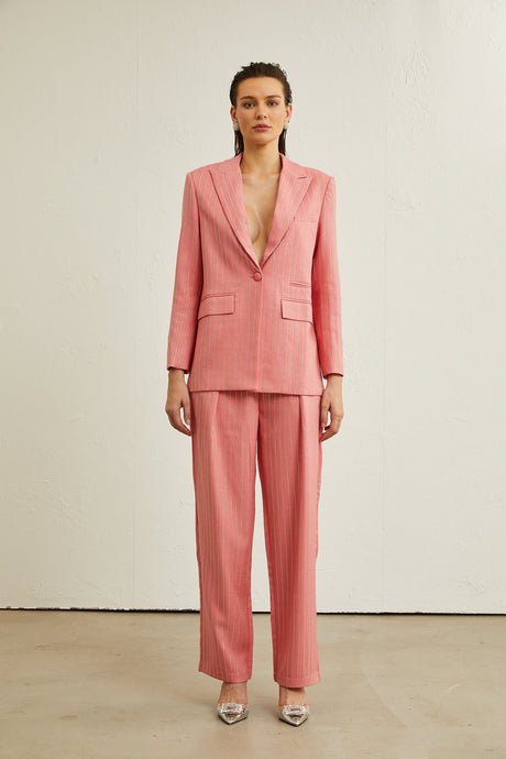 Sarah pink striped embellished jacket  trousers matching set