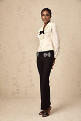 Sarah Shirt White & Black Lace Trimmed Bowknot Bow Crystal Top