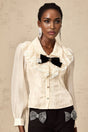 Sarah Shirt White & Black Lace Trimmed Bowknot Bow Crystal Top