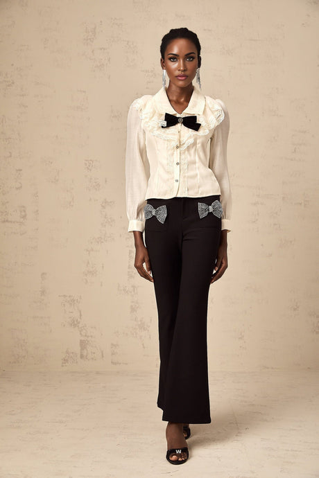 Sarah Shirt White & Black Lace Trimmed Bowknot Bow Crystal Top
