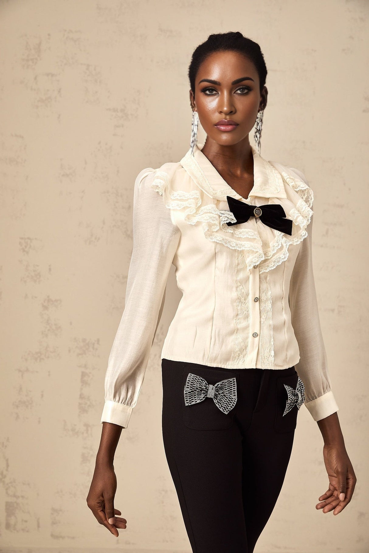 Sarah Shirt White & Black Lace Trimmed Bowknot Bow Crystal Top