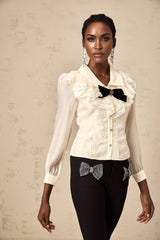 Sarah Shirt White & Black Lace Trimmed Bowknot Bow Crystal Top