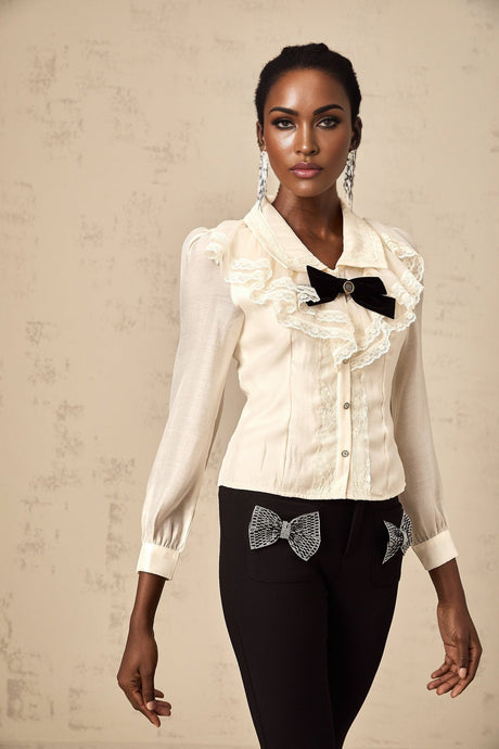 Sarah Shirt White & Black Lace Trimmed Bowknot Bow Crystal Top