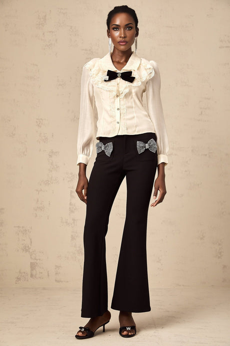 Sarah Shirt White & Black Lace Trimmed Bowknot Bow Crystal Top