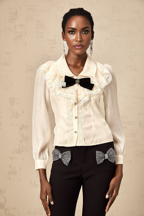 Sarah Shirt White & Black Lace Trimmed Bowknot Bow Crystal Top