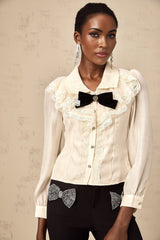 Sarah Shirt White & Black Lace Trimmed Bowknot Bow Crystal Top
