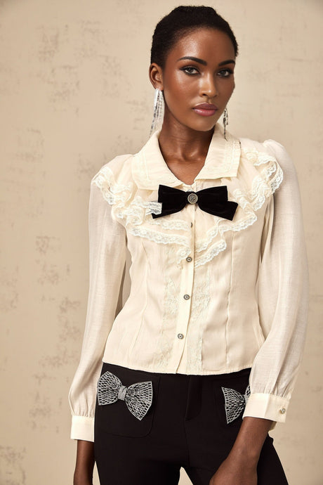Sarah Shirt White & Black Lace Trimmed Bowknot Bow Crystal Top