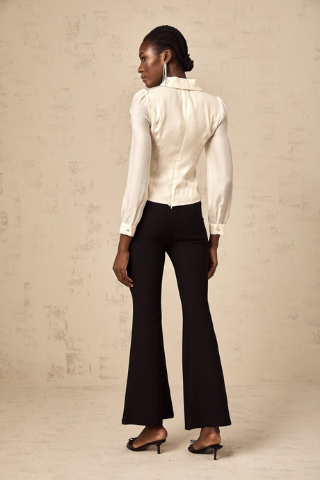 Sarah Shirt White & Black Lace Trimmed Bowknot Bow Crystal Top