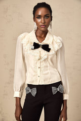 Sarah Shirt White & Black Lace Trimmed Bowknot Bow Crystal Top